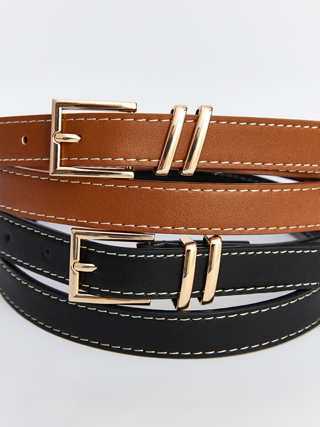 Metal Buckled Stitched Women's Belt 2 Pack-1