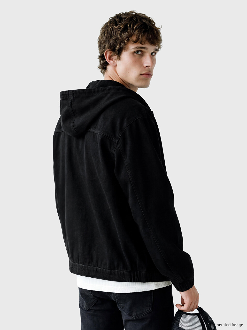 Siyah Loose Fit Kapüşonlu Erkek Jean Ceket-2