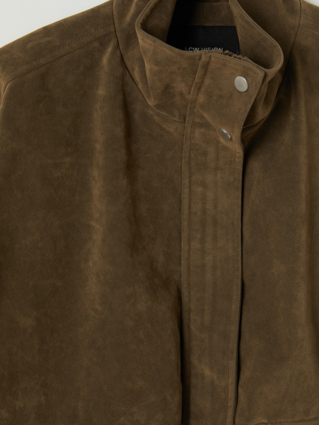 Xhaketë Mock Neck Me Pamje Suede Për Gra-7