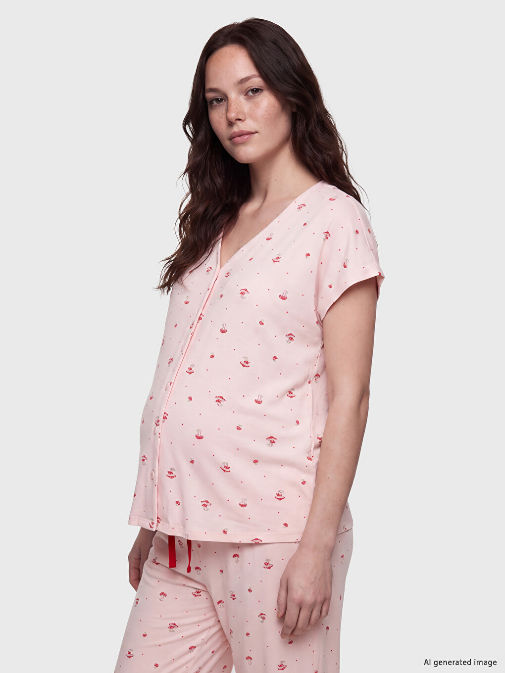 Pembe V Yaka Desenli Hamile Pijama Takımı-1