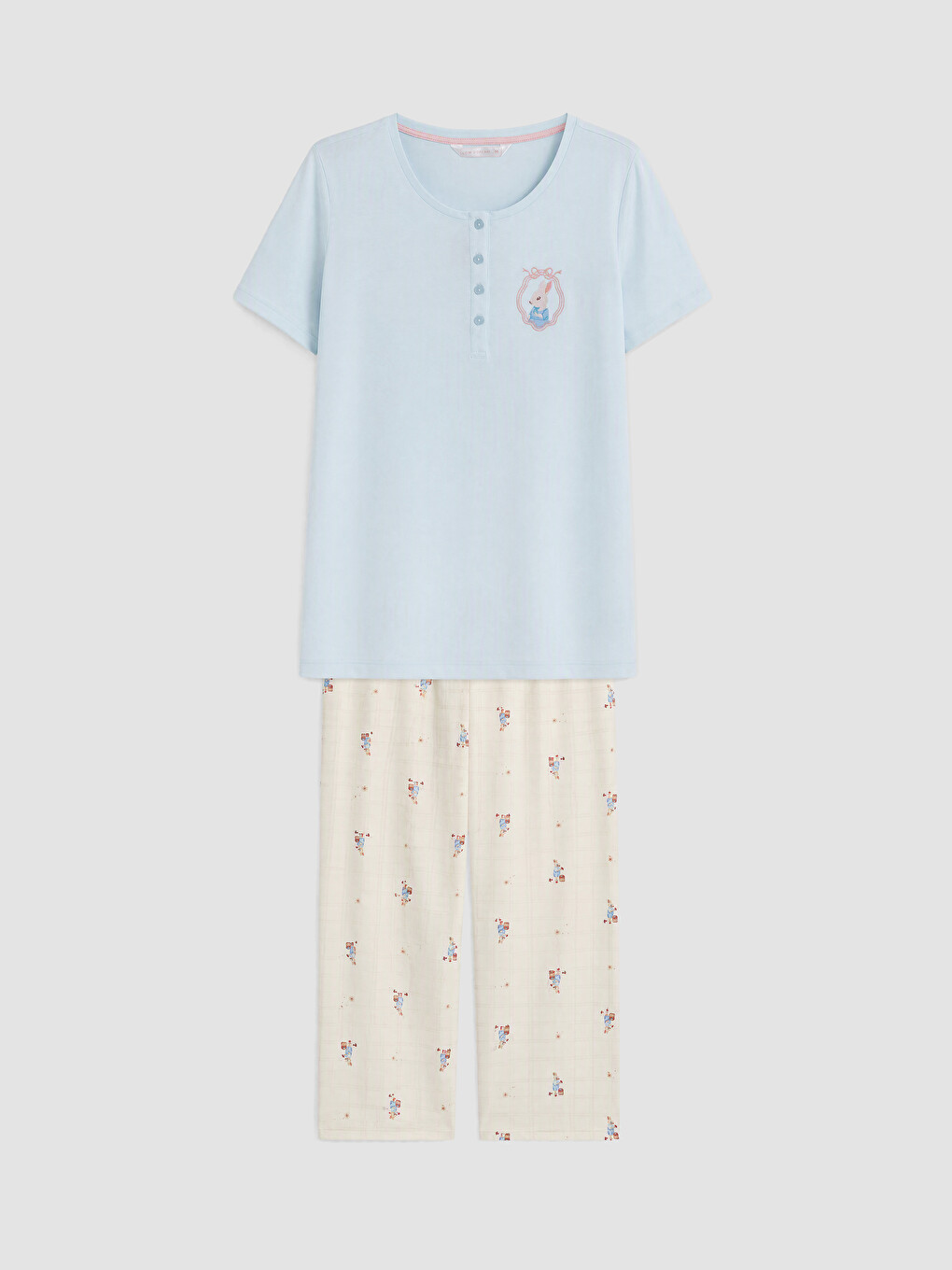 Ekru Bisiklet Yaka Baskılı Hamile Pijama Takımı