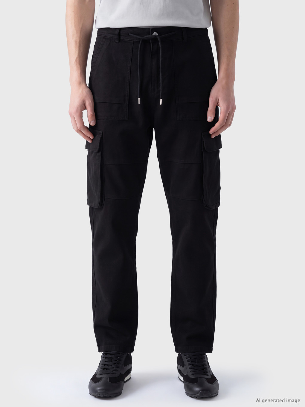 Siyah Loose Fit Erkek Kargo Pantolon-1