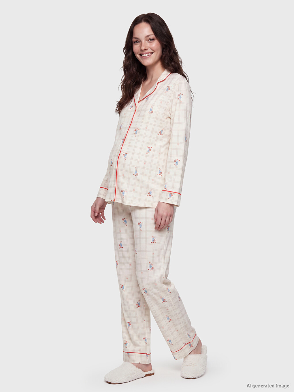 Ekru Gömlek Yaka Hamile Pijama Takım-1