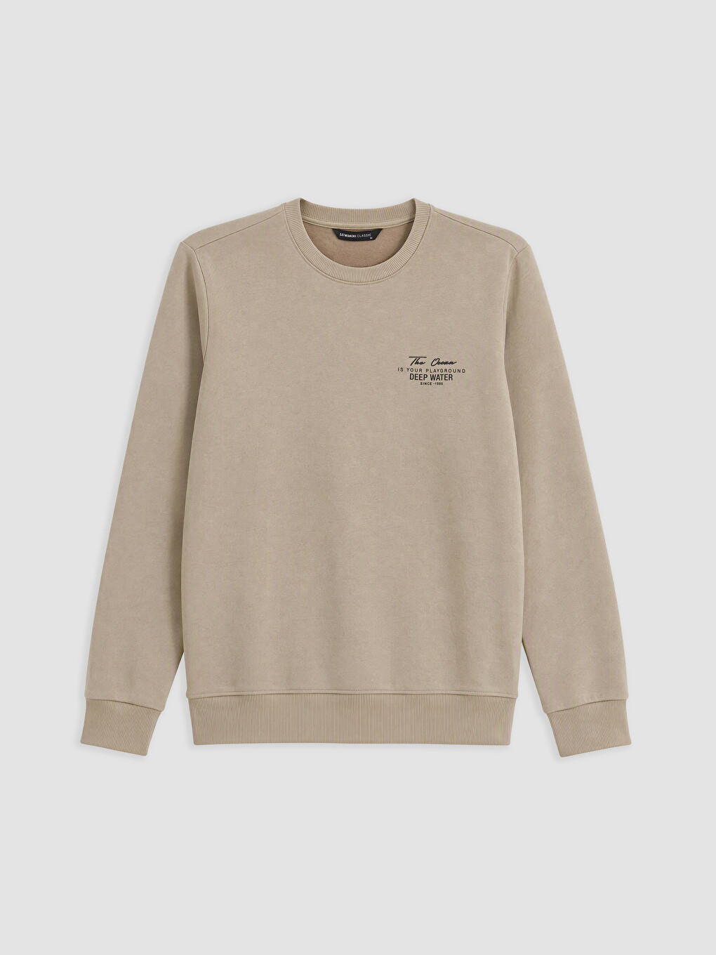 Bej Bisiklet Yaka Baskılı Erkek Kalın Sweatshirt