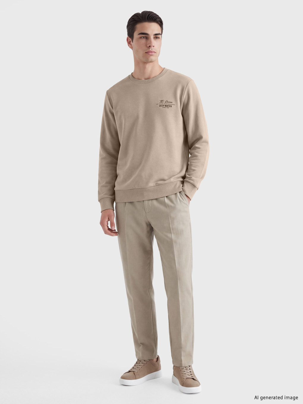 Bej Bisiklet Yaka Baskılı Erkek Kalın Sweatshirt-1