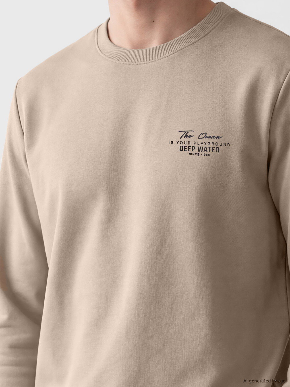 Bej Bisiklet Yaka Baskılı Erkek Kalın Sweatshirt-2
