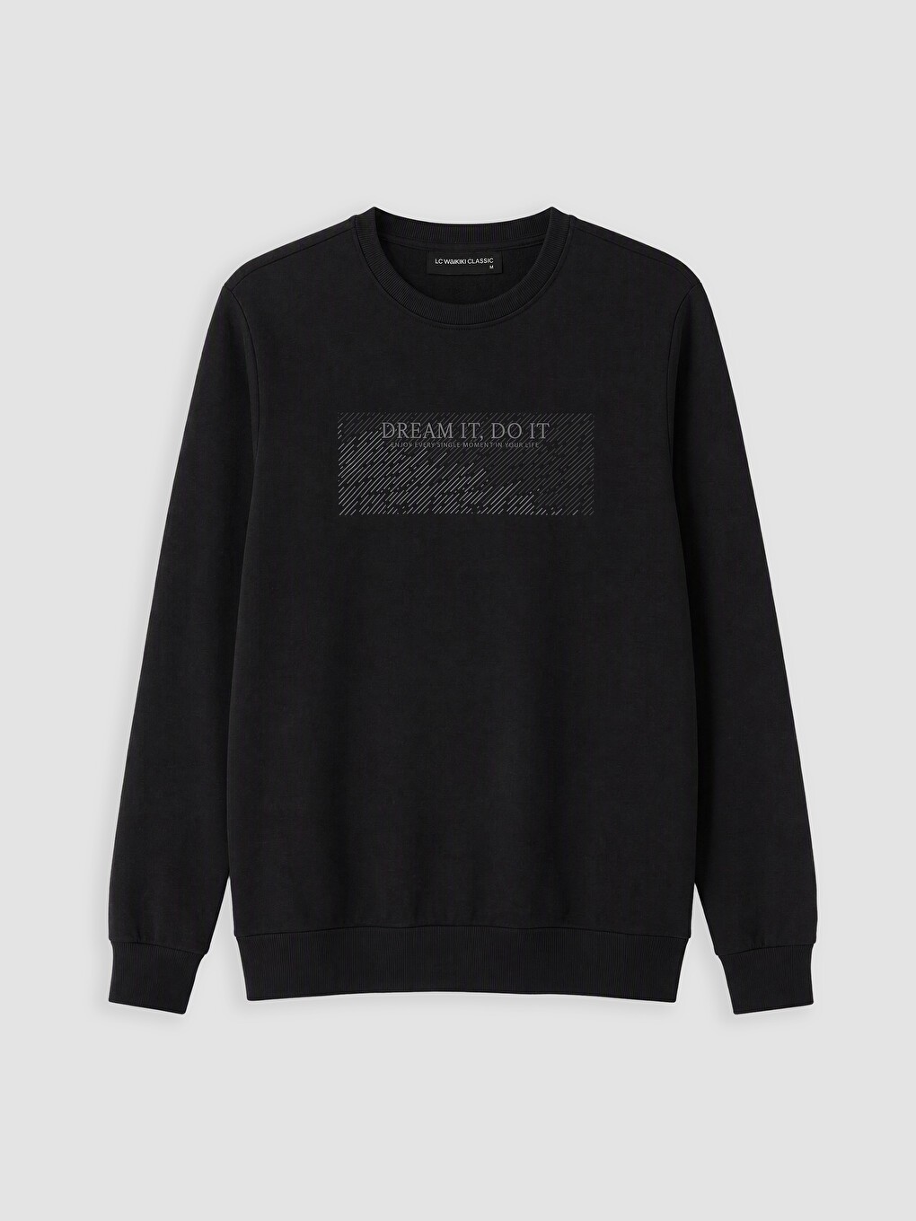 Siyah Bisiklet Yaka Baskılı Kalın Erkek Sweatshirt
