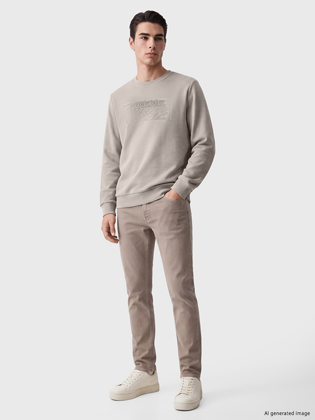 Bej Bisiklet Yaka Baskılı Kalın Erkek Sweatshirt-1