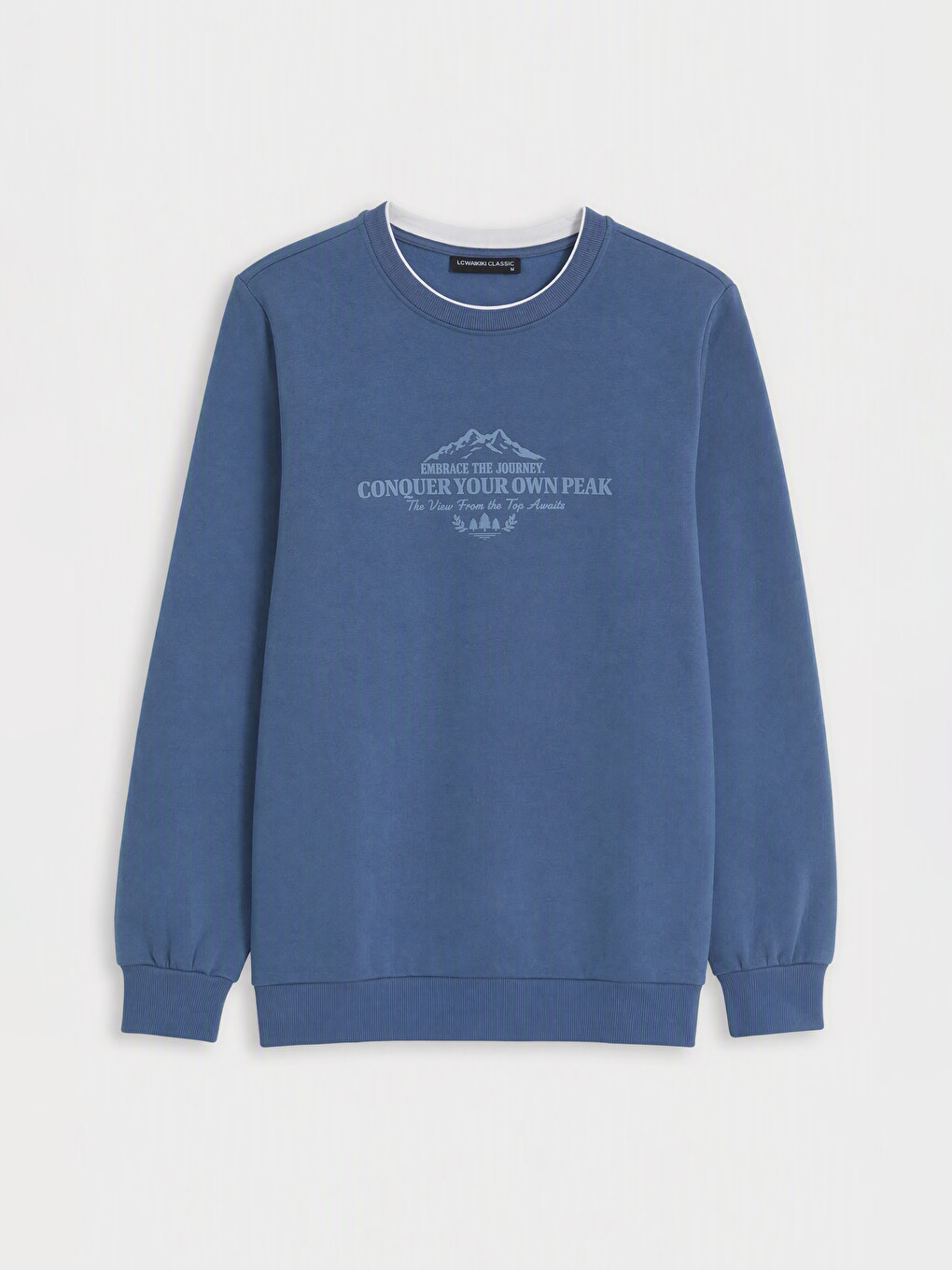 İndigo Bisiklet Yaka Baskılı Erkek Kalın Sweatshirt