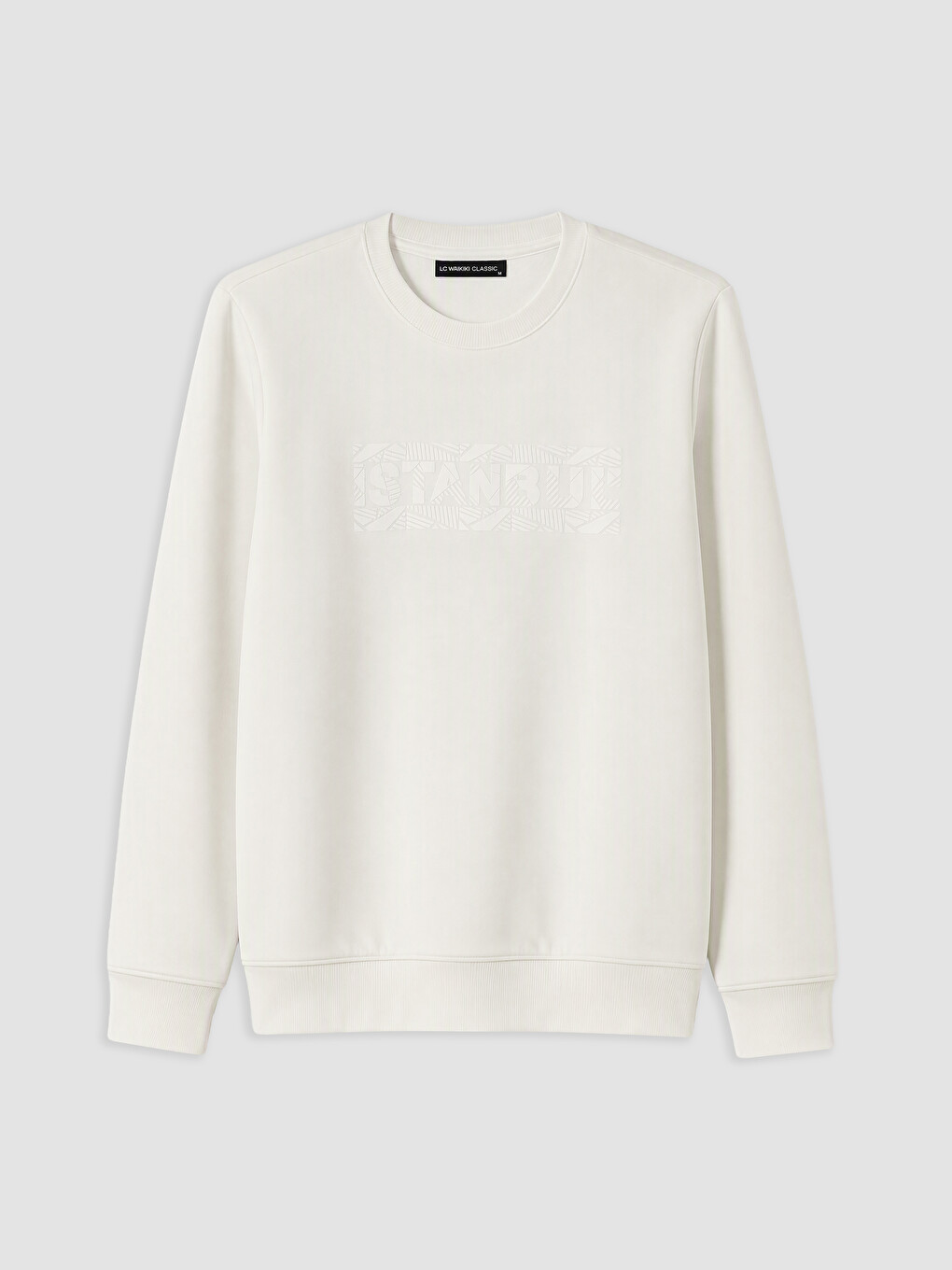 Beyaz Bisiklet Yaka Baskılı Erkek Kalın Sweatshirt