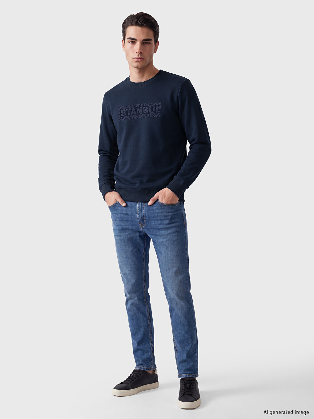 Lacivert Bisiklet Yaka Baskılı Erkek Kalın Sweatshirt