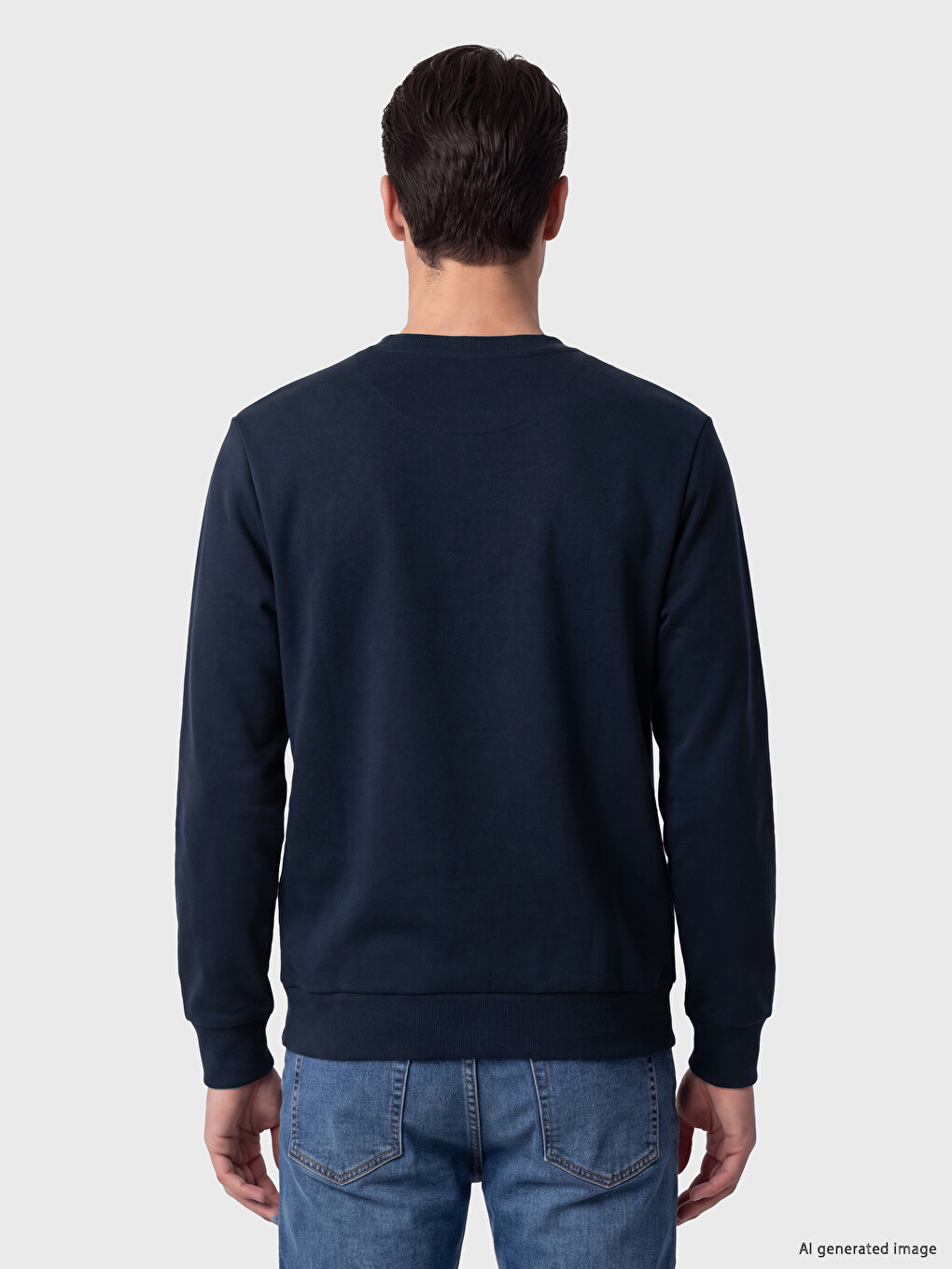Lacivert Bisiklet Yaka Baskılı Erkek Kalın Sweatshirt-1