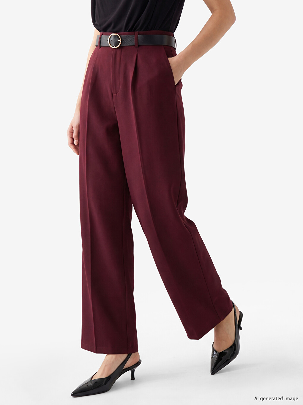 Loose Fit Belted Women's Pleated Fabric Trousers-1