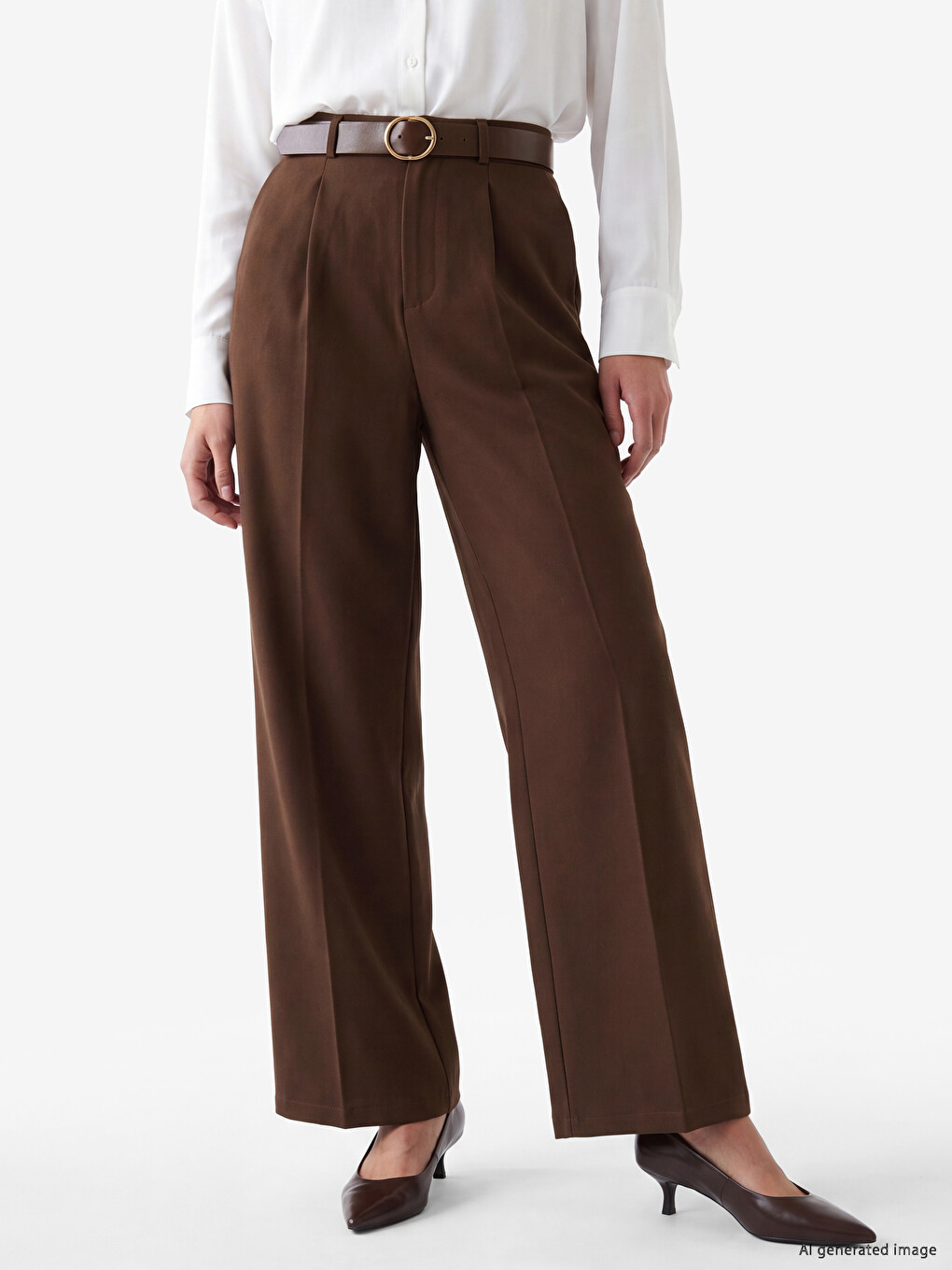 Loose Fit Belted Women's Pleated Fabric Trousers-1