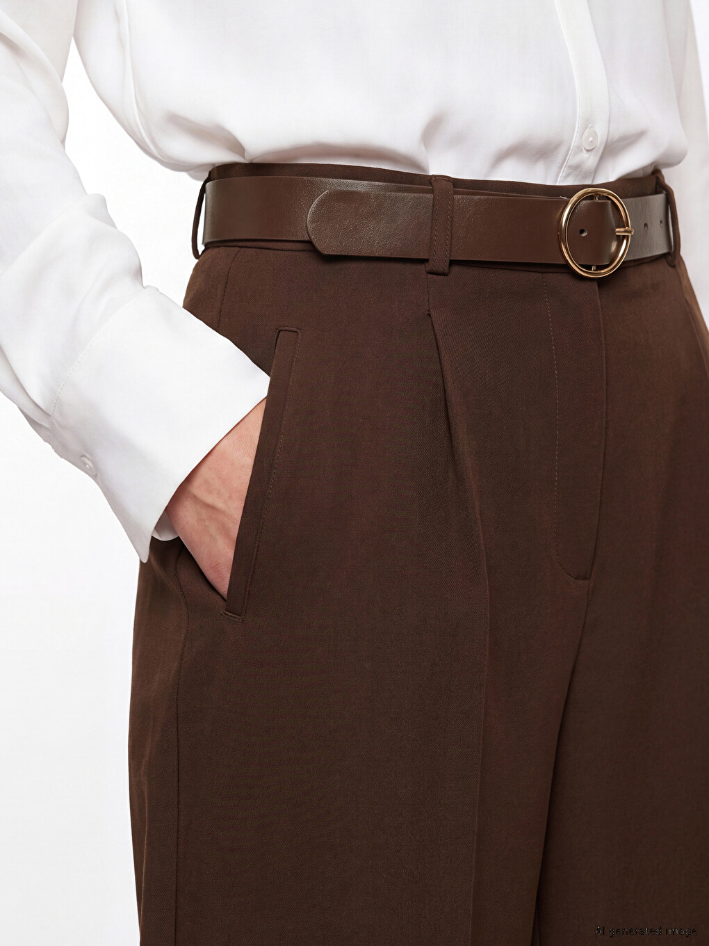 Loose Fit Belted Women's Pleated Fabric Trousers-2
