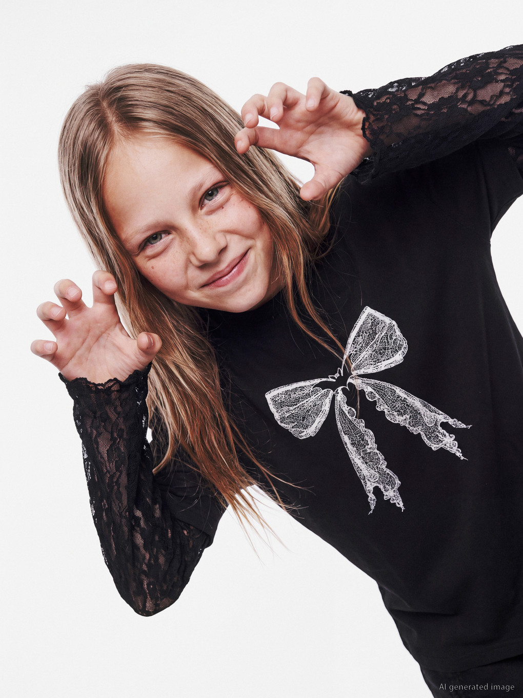 Crew Neck Bow Printed Girls' T-shirt-1