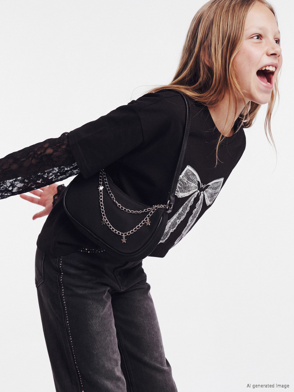 Crew Neck Bow Printed Girls' T-shirt-3