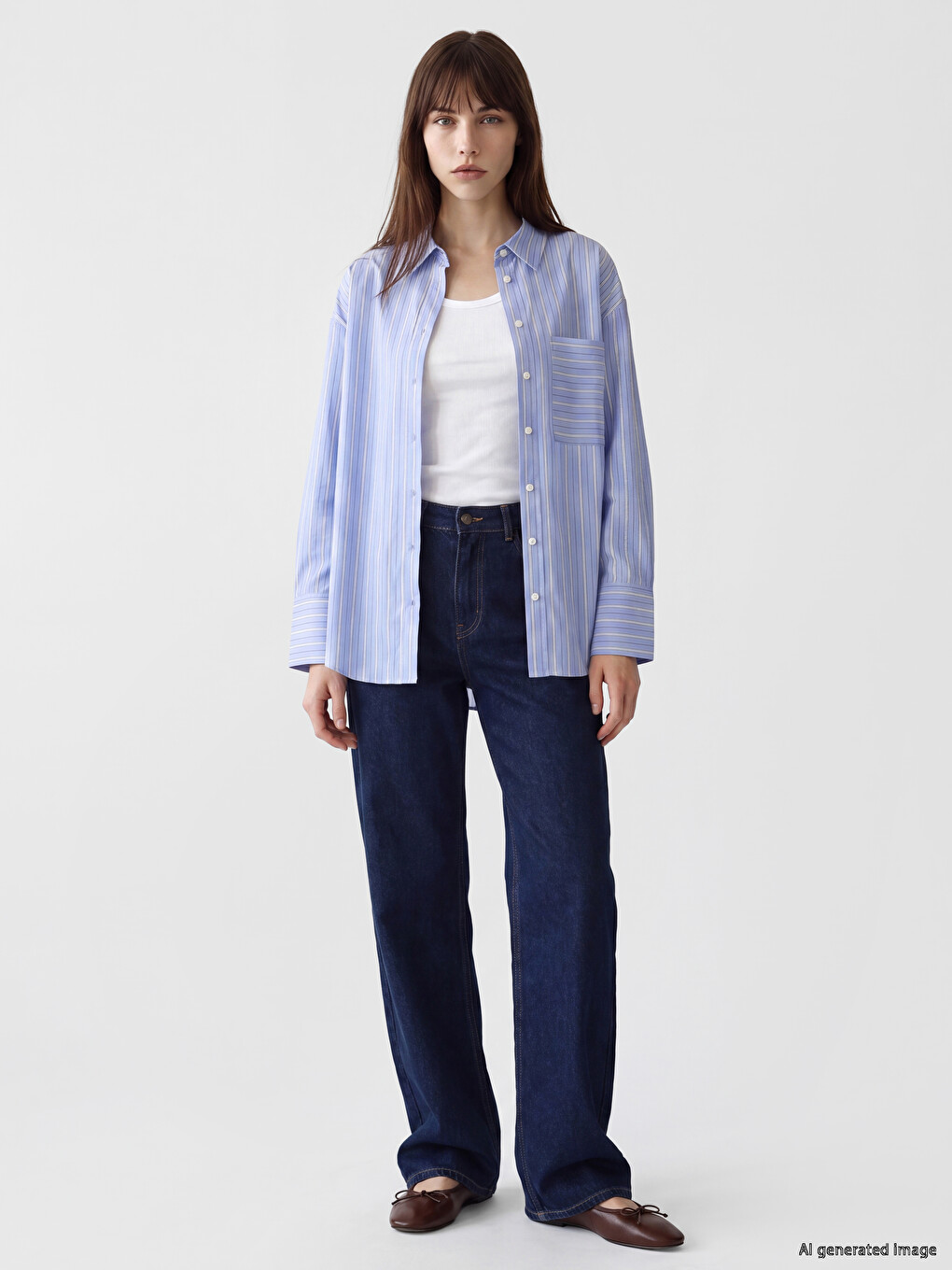 Çizgili Oversize Poplin Kadın Gömlek-1