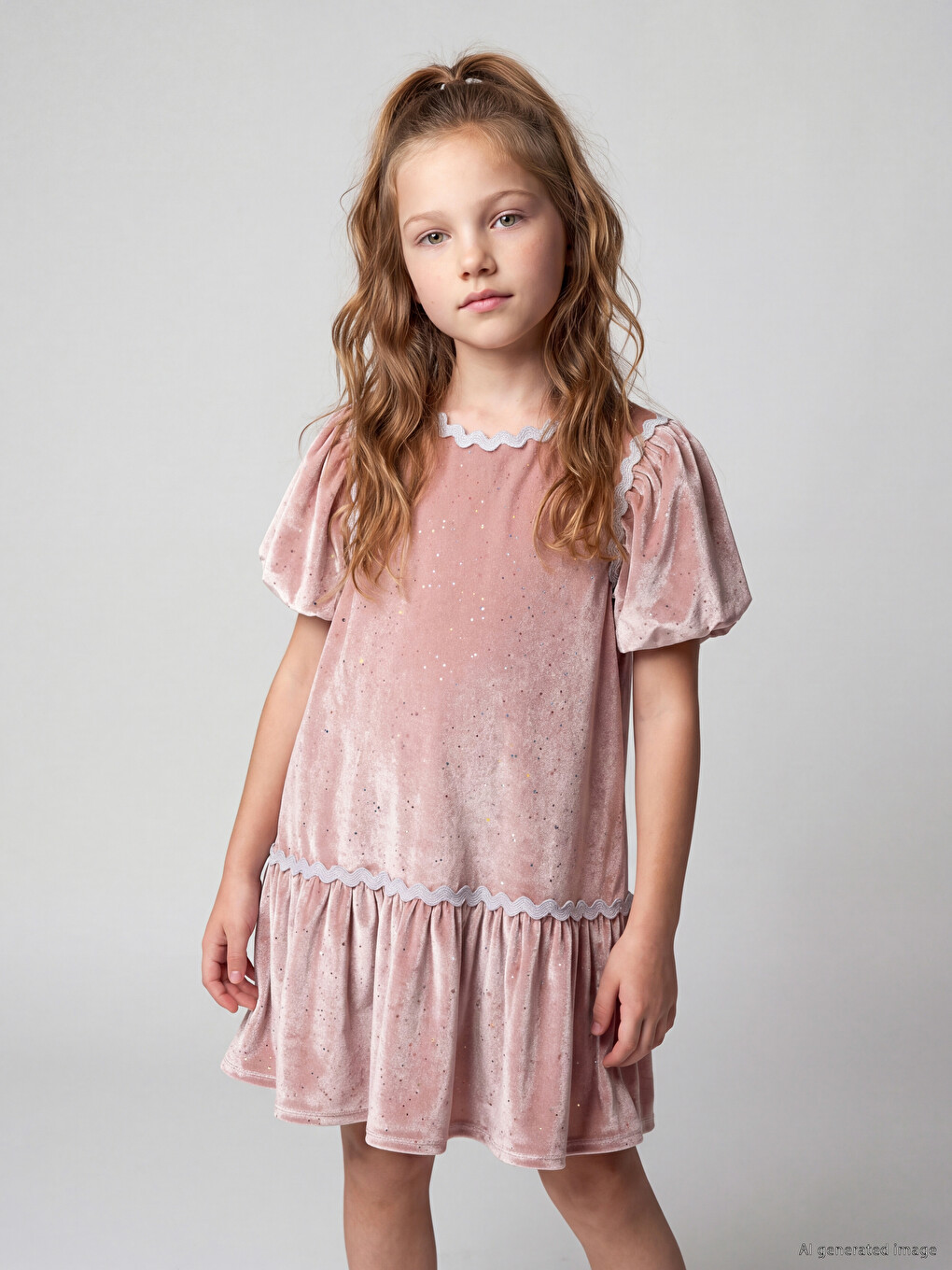 Balloon Sleeved Girls' Velvet Shimmering Dress