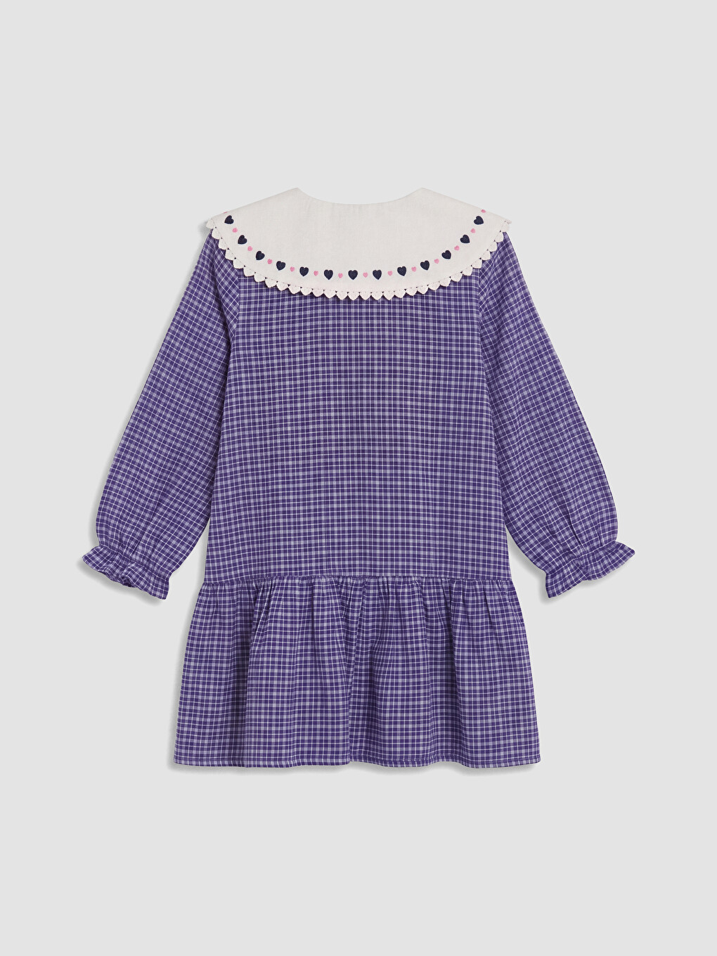 Lacivert Nakışlı Bebe Yaka Ekose Kız Çocuk Gabardin Elbise-2