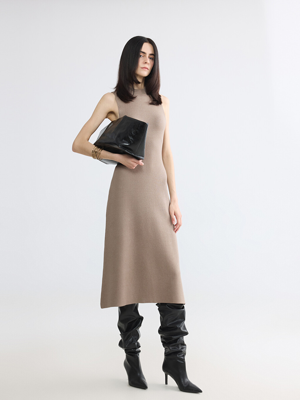 Kahverengi Bisiklet Yaka Bodycon Triko Elbise