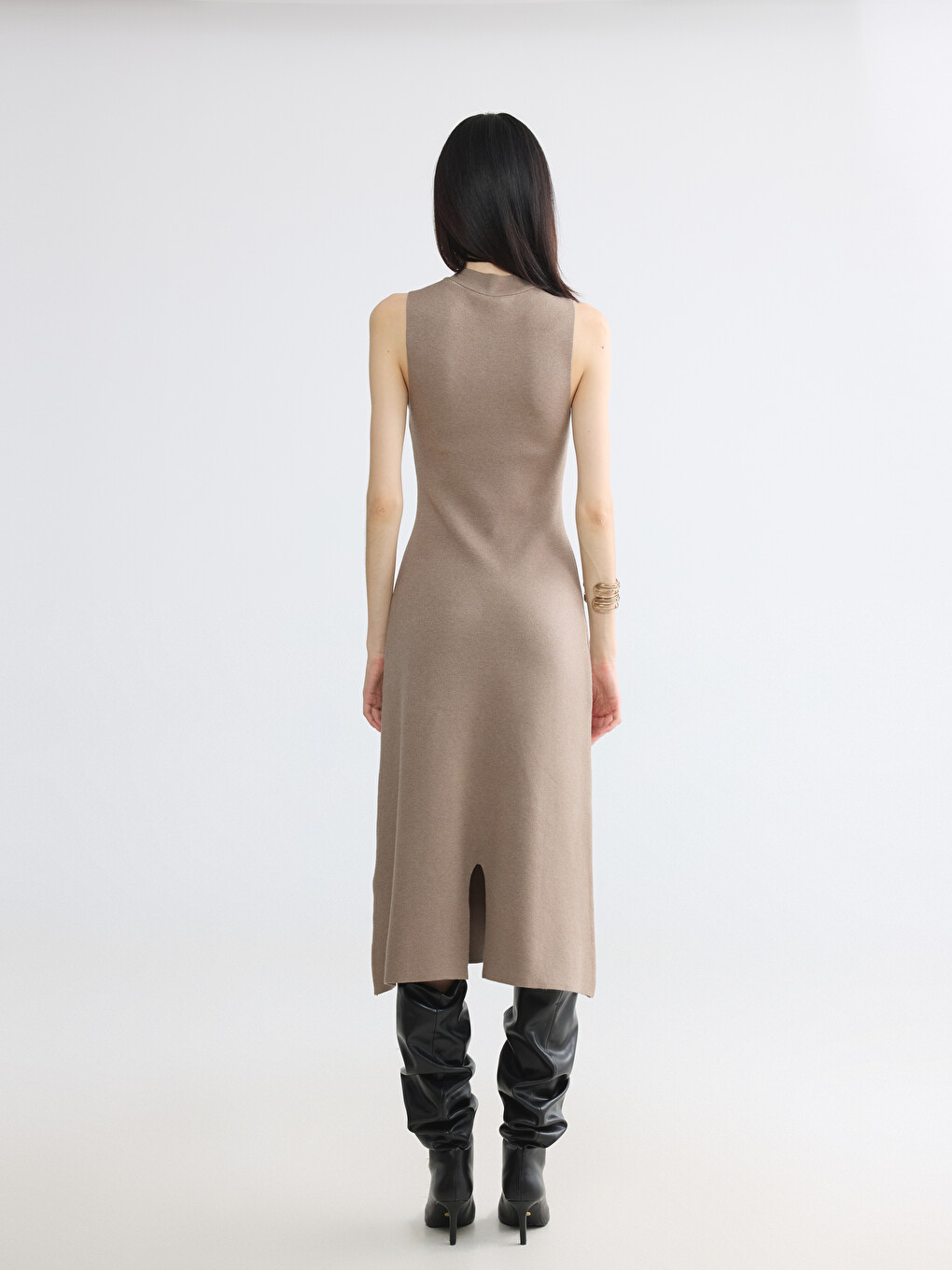 Kahverengi Bisiklet Yaka Bodycon Triko Elbise-3