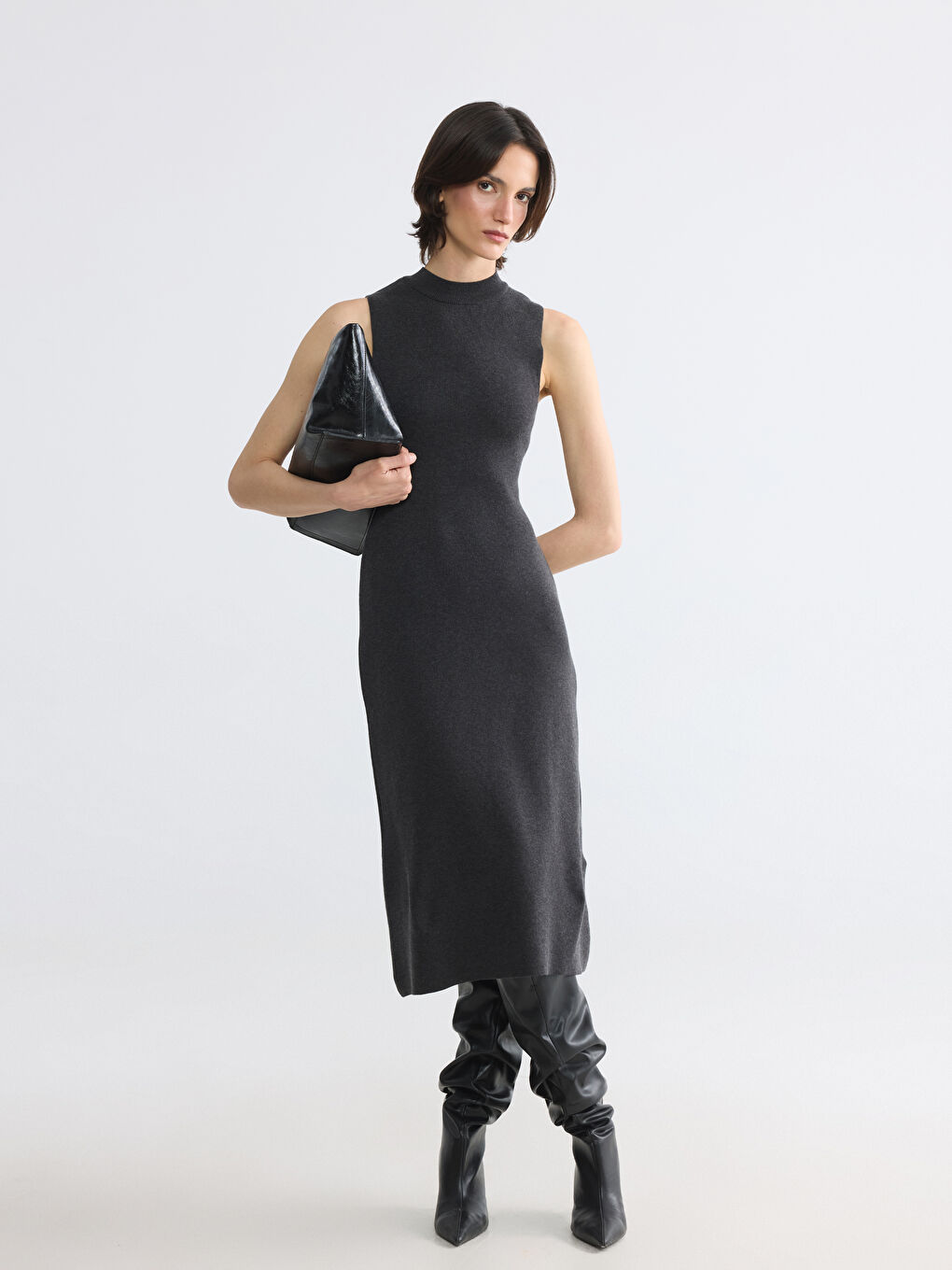 Antrasit Bisiklet Yaka Bodycon Triko Elbise