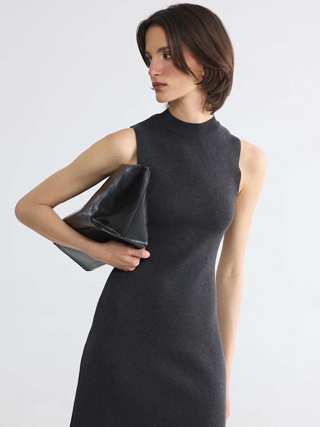 Antrasit Bisiklet Yaka Bodycon Triko Elbise-1