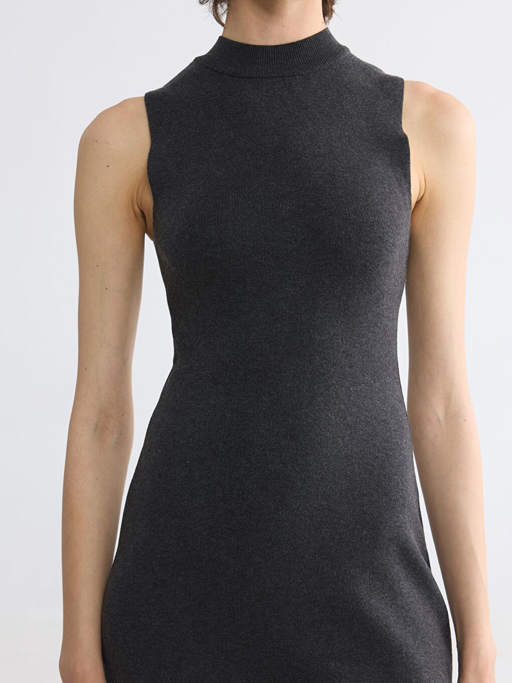 Antrasit Bisiklet Yaka Bodycon Triko Elbise-2