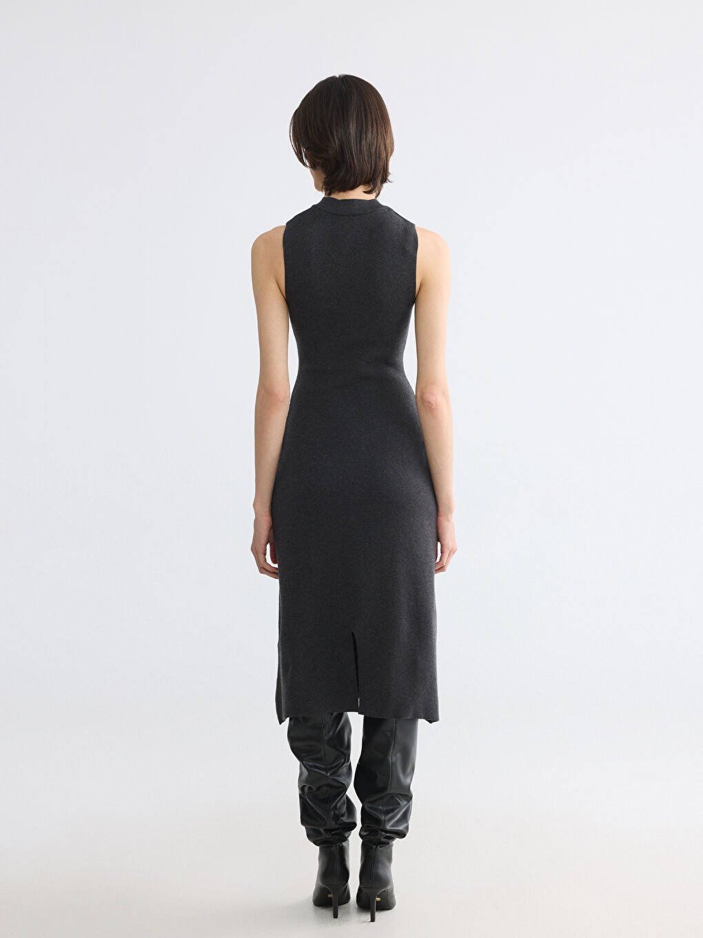 Antrasit Bisiklet Yaka Bodycon Triko Elbise-3