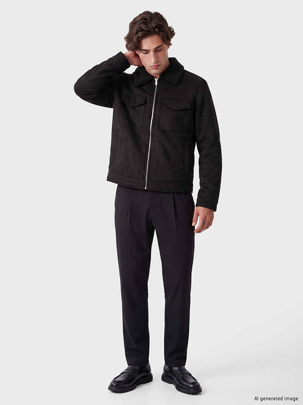 Siyah Regular Fit Pelüş Yaka Erkek Mont-1