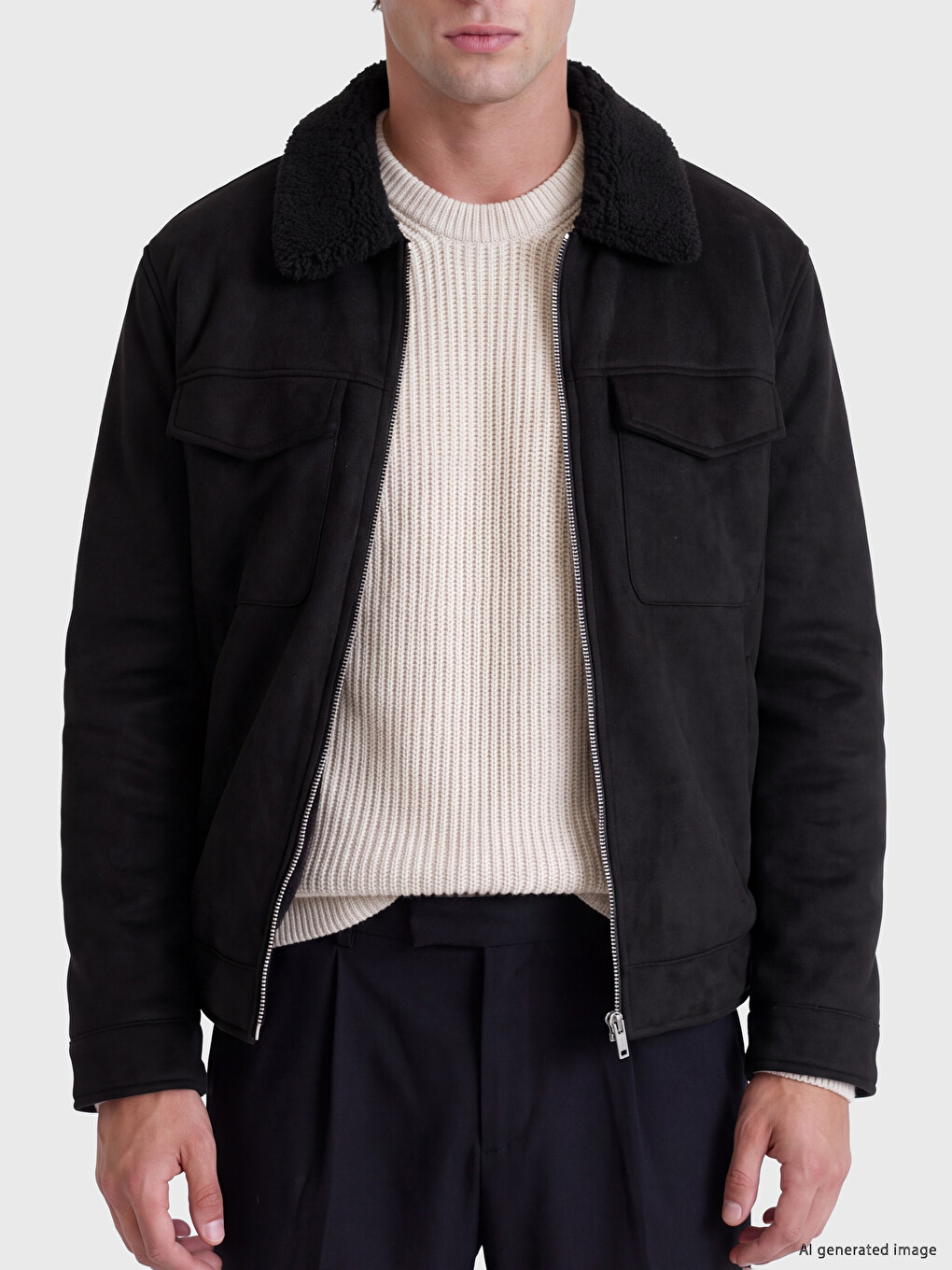 Siyah Regular Fit Pelüş Yaka Erkek Mont-2