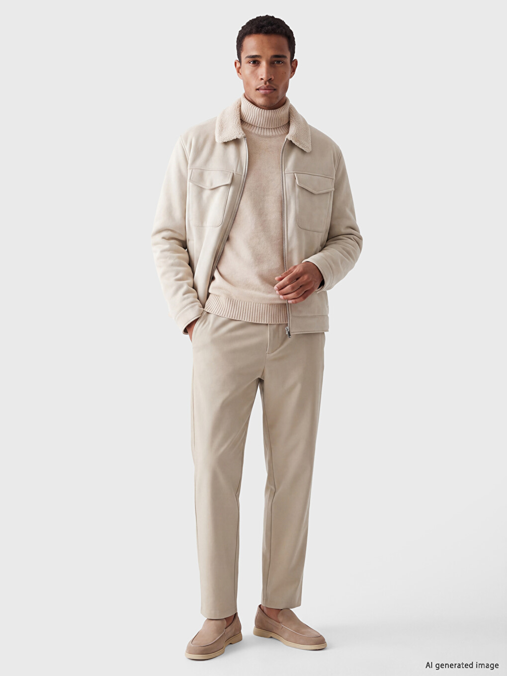 Beyaz Regular Fit Pelüş Yaka Erkek Mont-1