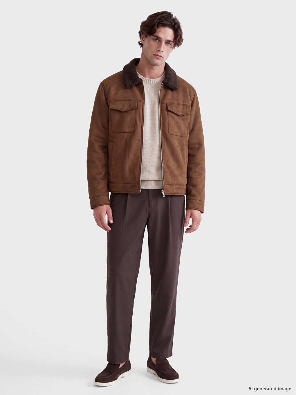 Kahverengi Regular Fit Pelüş Yaka Erkek Mont-1