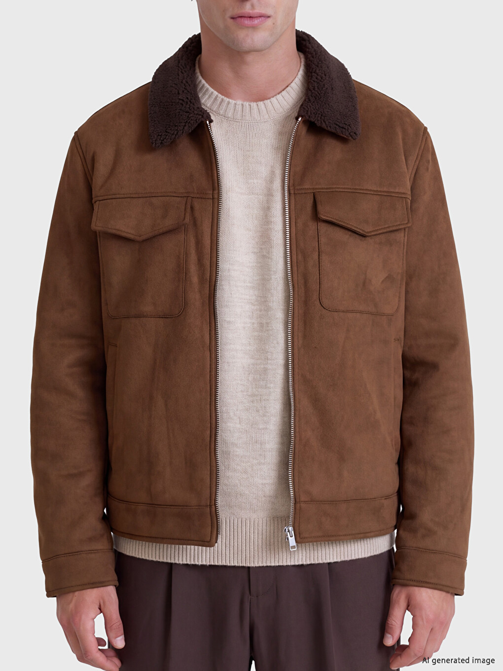 Kahverengi Regular Fit Pelüş Yaka Erkek Mont-2