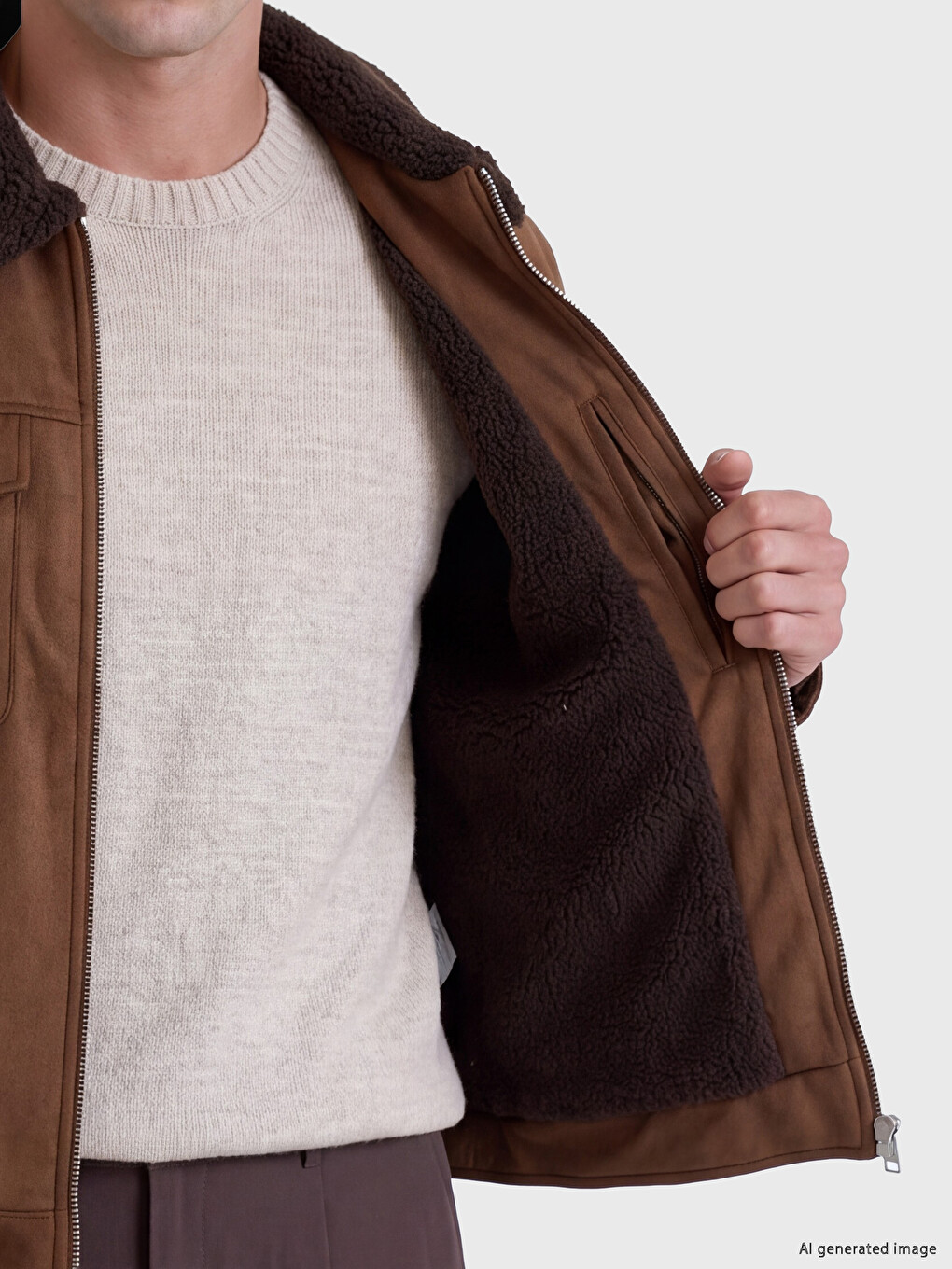 Kahverengi Regular Fit Pelüş Yaka Erkek Mont-4