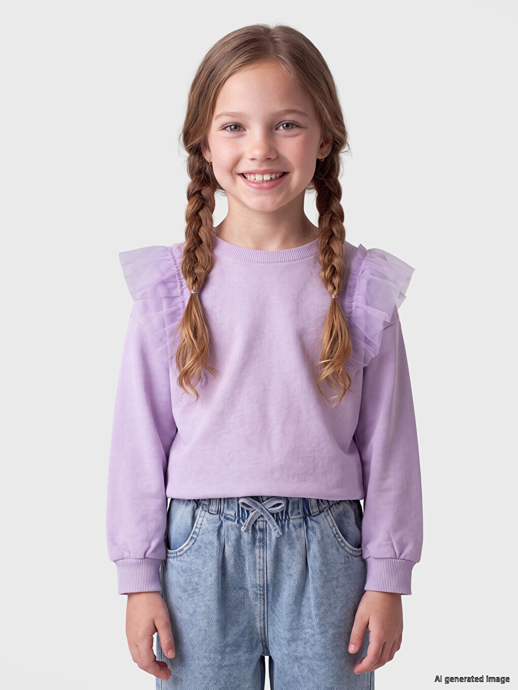 Lila Bisiklet Yaka Fırfırlı Kız Çocuk Sweatshirt