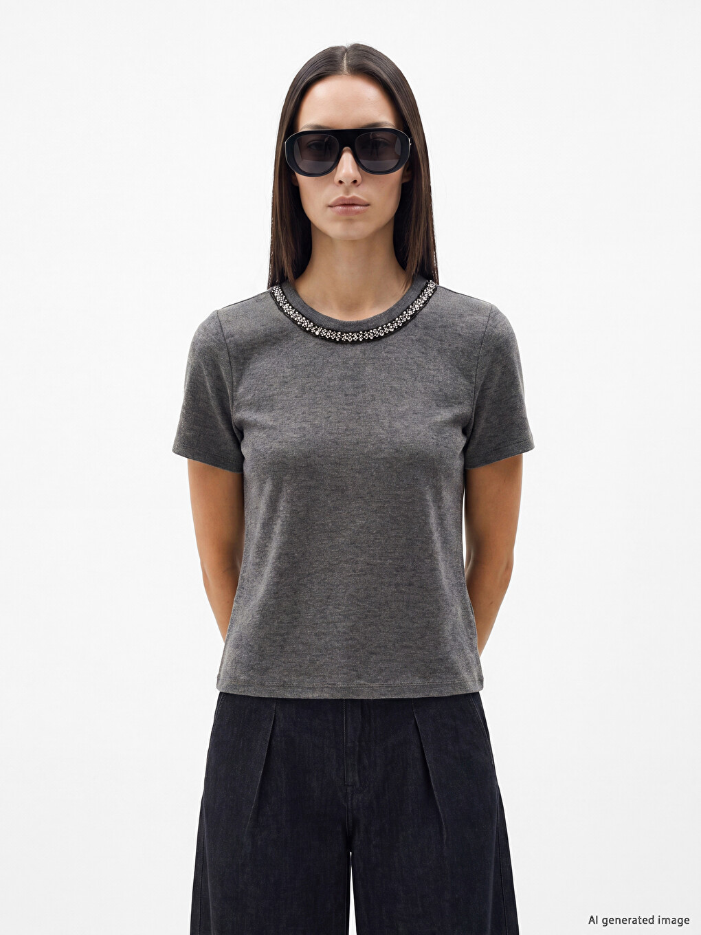 Crew Neck Rhinestone Embellished Women's T-shirt