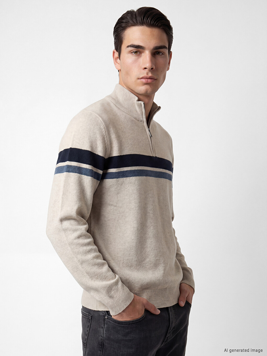 Half Zippered Striped Men's Knitwear Sweater