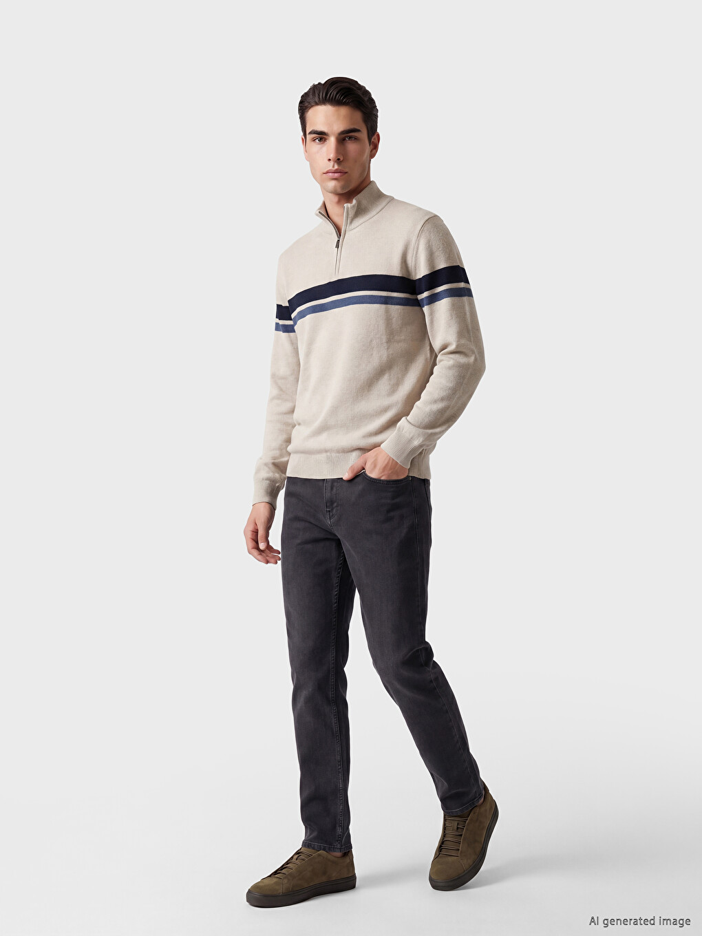 Half Zippered Striped Men's Knitwear Sweater-1