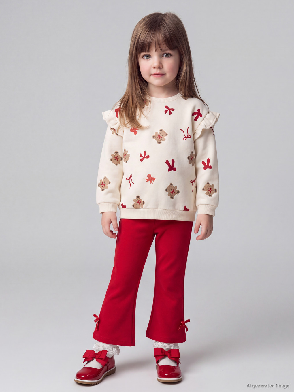  Sweat-shirt à col rond à volants à motifs pour bébé fille