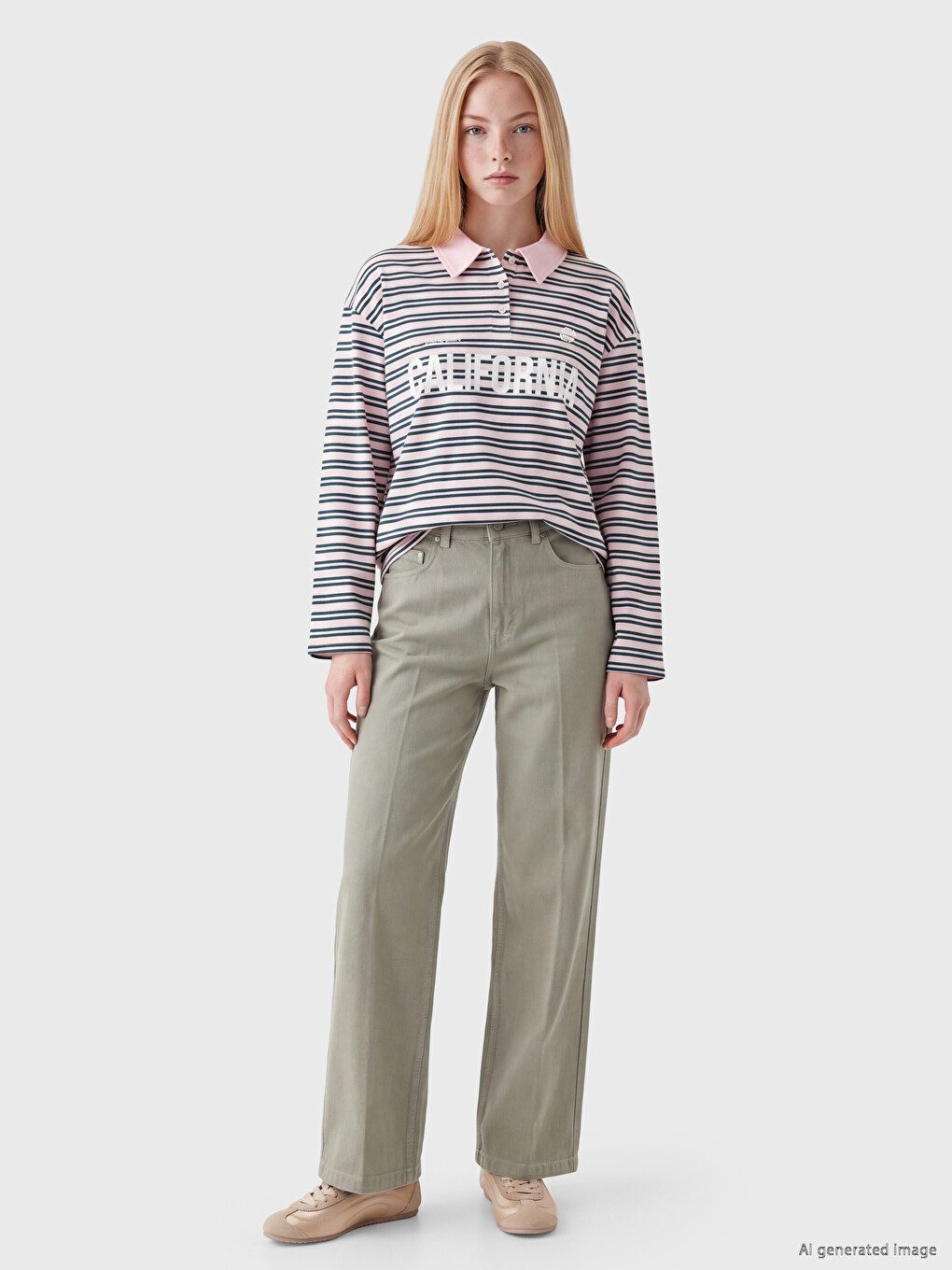 Polo Collar Striped %100 Cotton Women's T-shirt-1