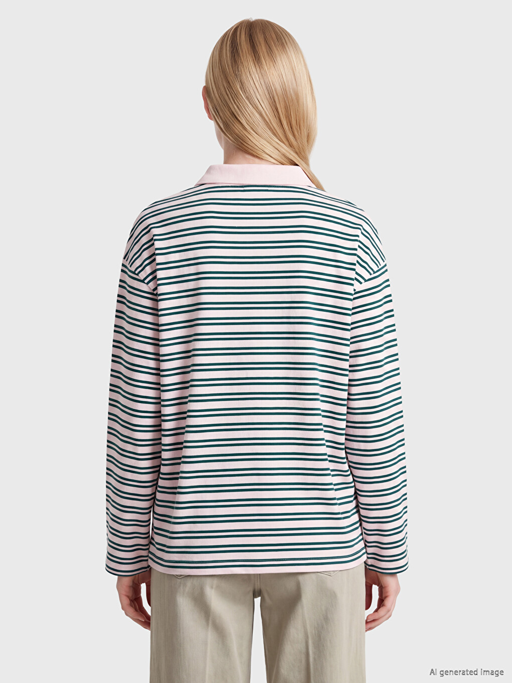 Polo Collar Striped %100 Cotton Women's T-shirt-3