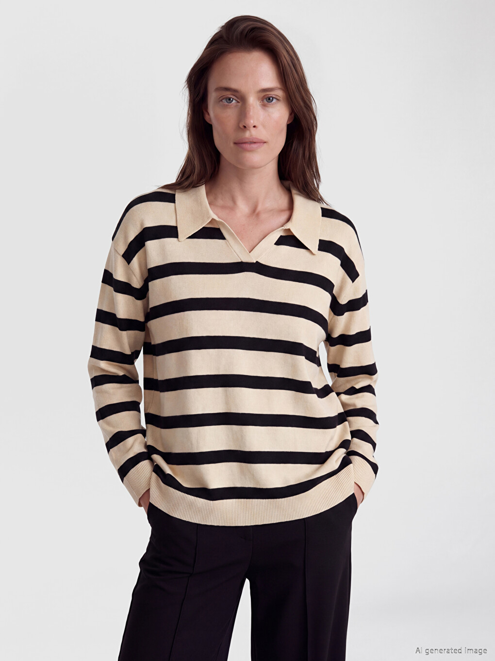 Polo Collar Striped Women's Knitwear Sweater