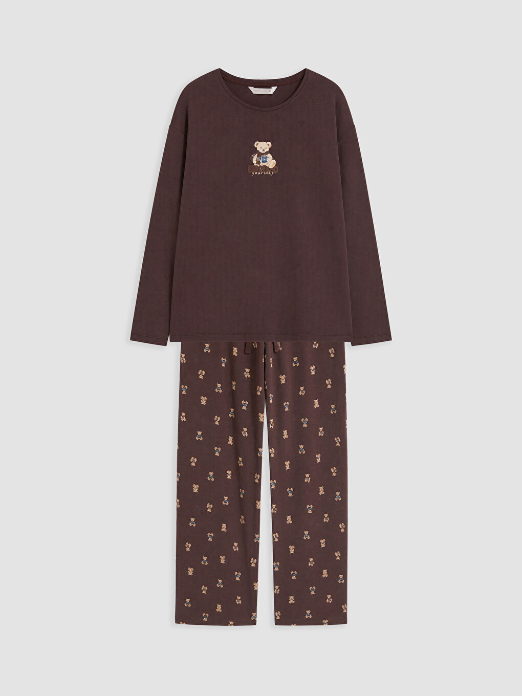 Kahverengi Bisiklet Yaka Baskılı Kadın Pijama Takım