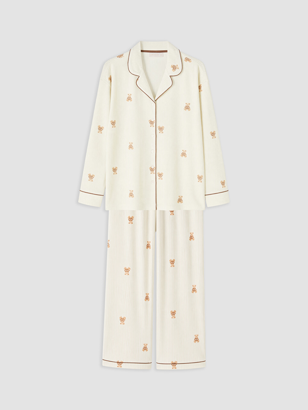 Ekru Gömlek Yaka Desenli Kadın Pijama Takım-4