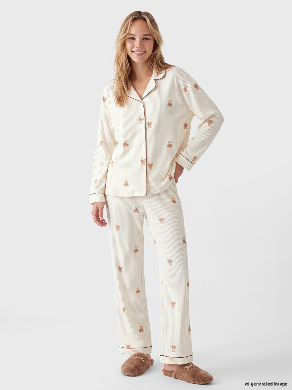 Ekru Gömlek Yaka Desenli Kadın Pijama Takım