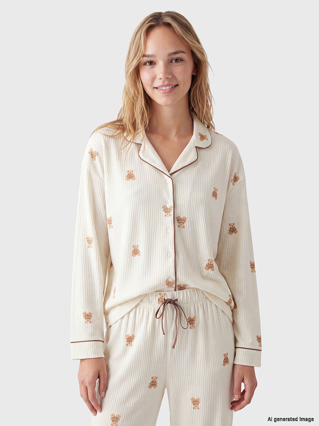 Ekru Gömlek Yaka Desenli Kadın Pijama Takım-1