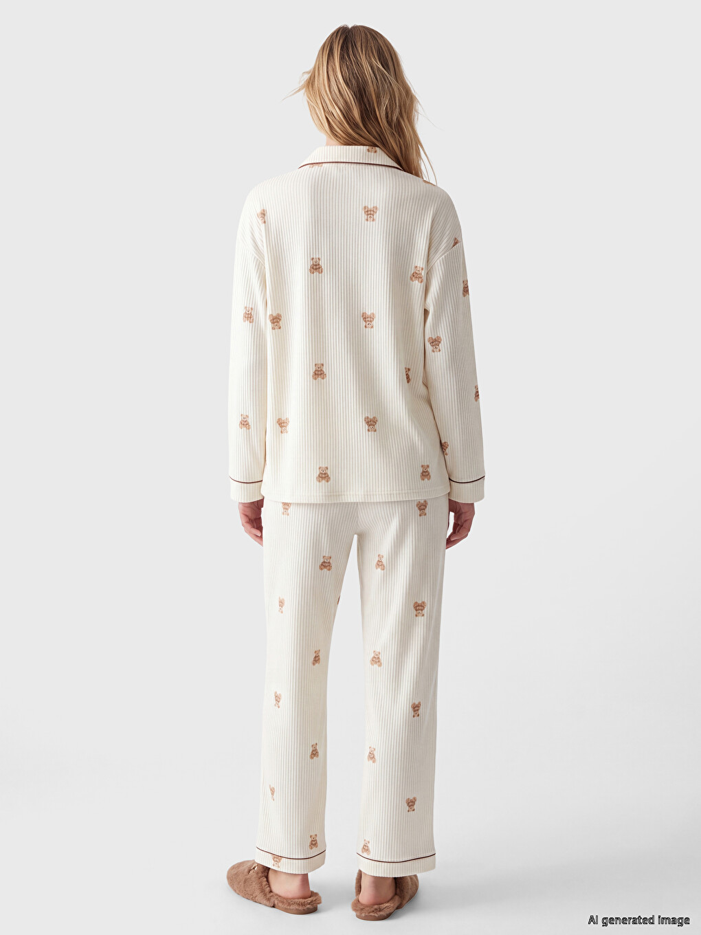 Ekru Gömlek Yaka Desenli Kadın Pijama Takım-3