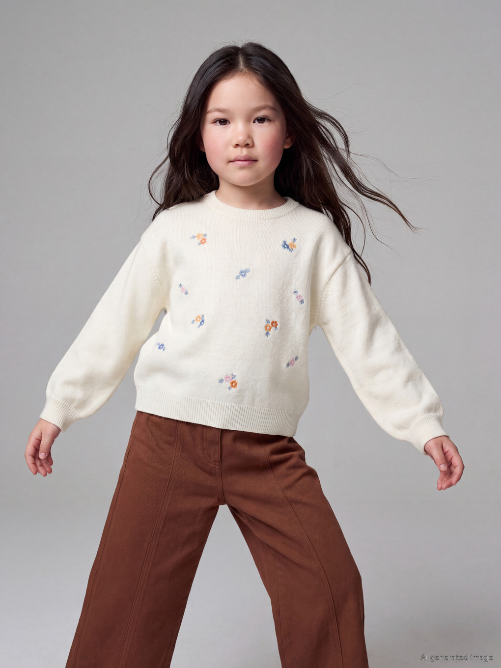 Crew Neck Girls' Embroidered Knitwear Sweater
